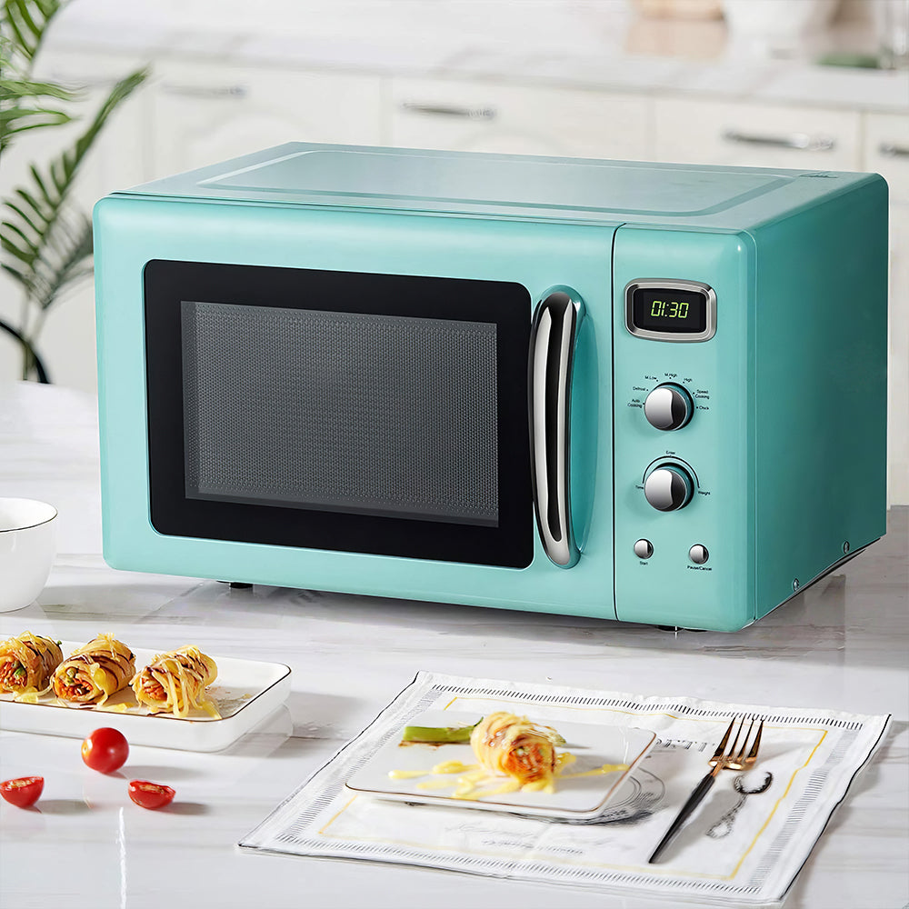 Retro 900W Microwave Oven, 0.9 Cu Ft, Defrost, Auto Cook, Child Lock