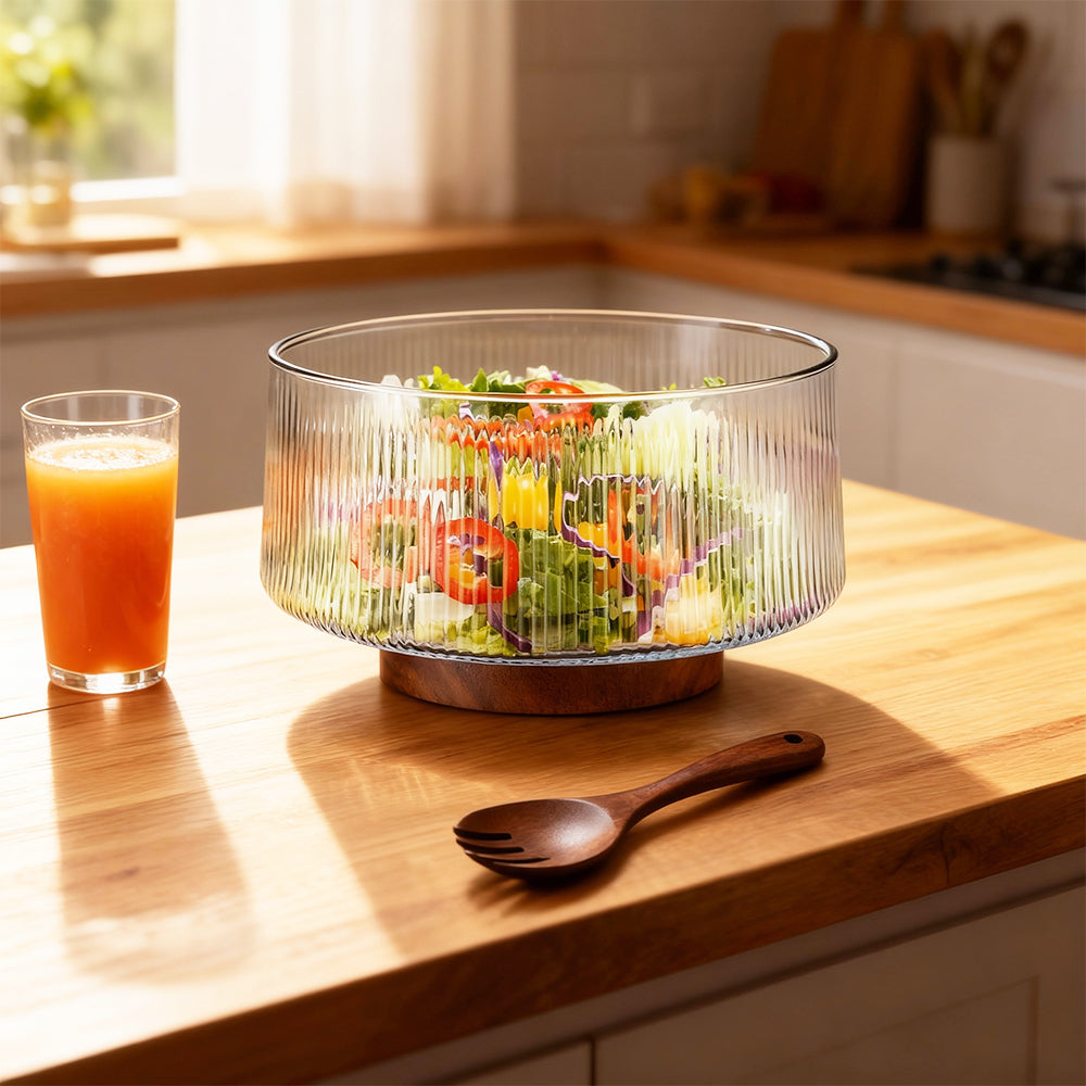 Extra Large Glass Salad Bowl with Acacia Wood Base and Wooden Serving Utensils Oversized Bowl for Family Dinners Parties