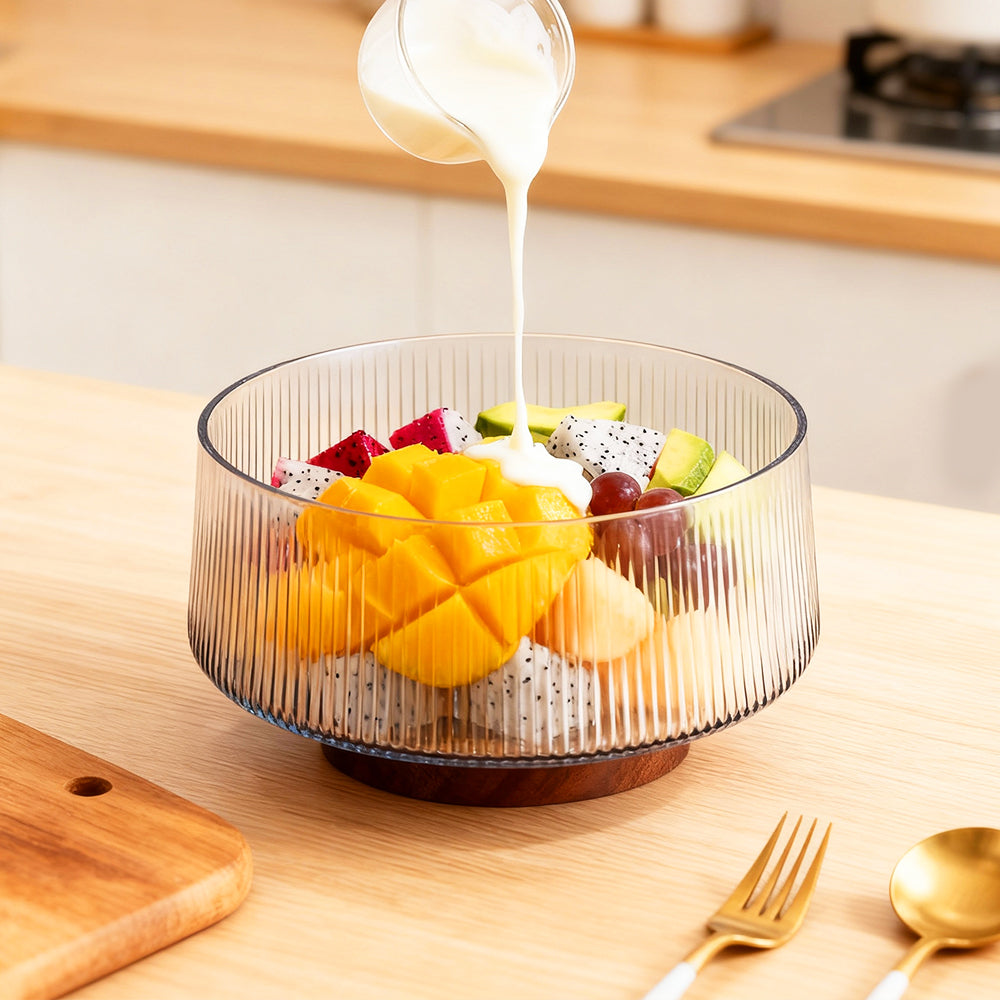 Extra Large Glass Salad Bowl with Acacia Wood Base and Wooden Serving Utensils Oversized Bowl for Family Dinners Parties