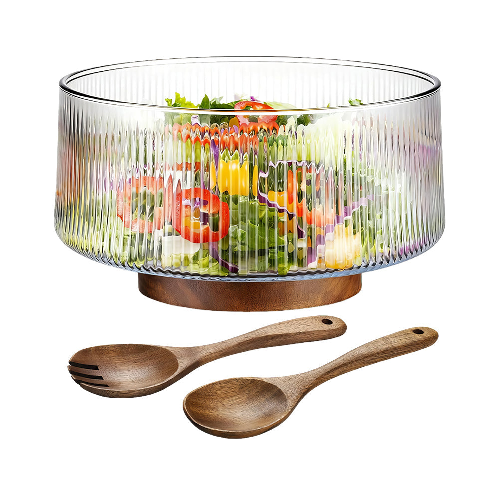 Extra Large Glass Salad Bowl with Acacia Wood Base and Wooden Serving Utensils Oversized Bowl for Family Dinners Parties